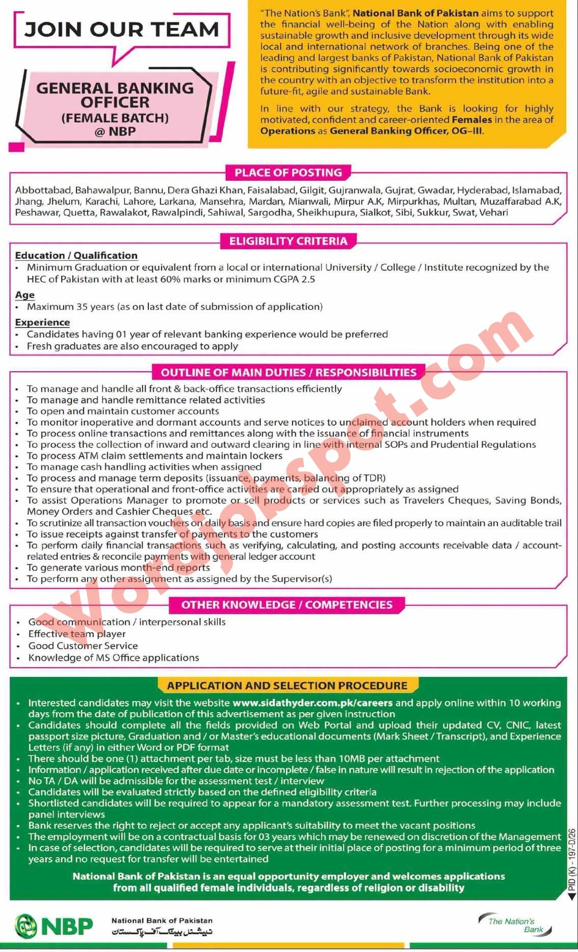 NBP Jobs 2026 OG-III Female General Banking Officers