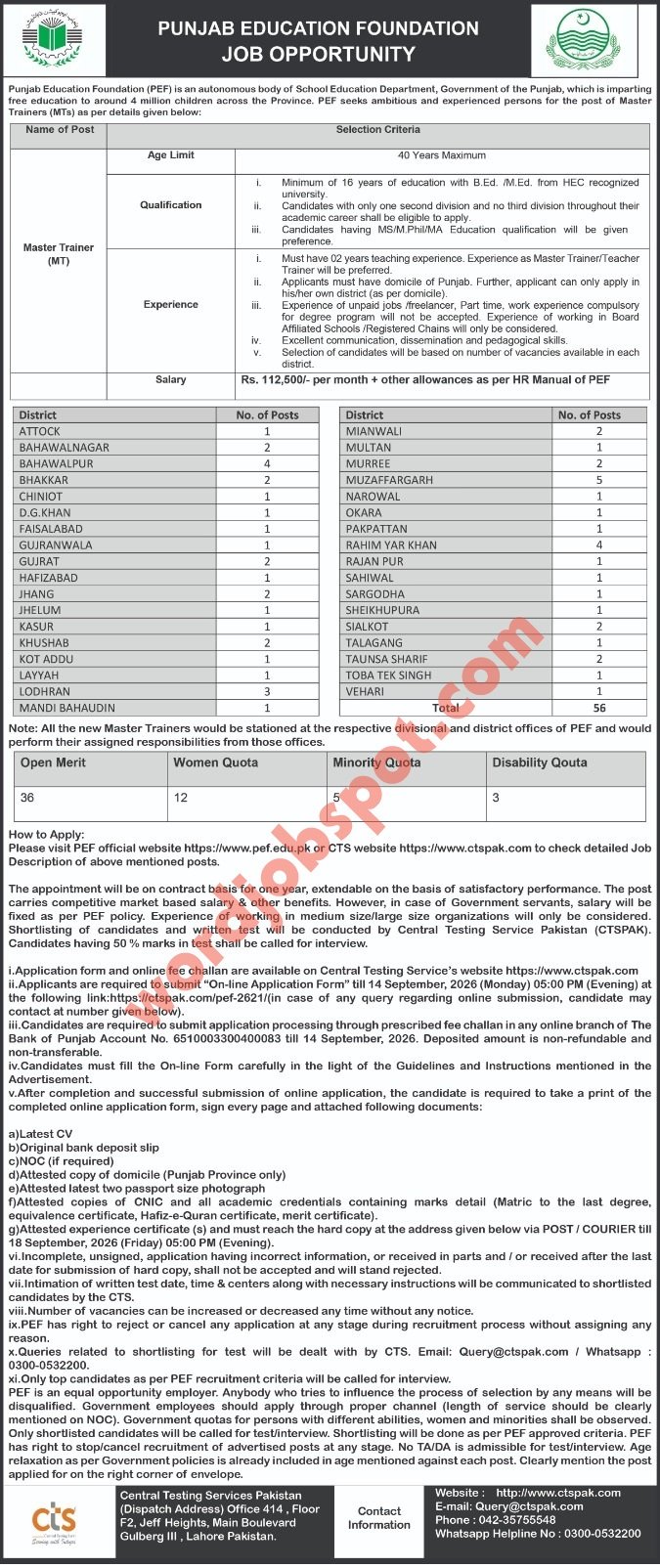 Punjab Education Foundation PEF Jobs 2026 Master Trainer Details Online Apply