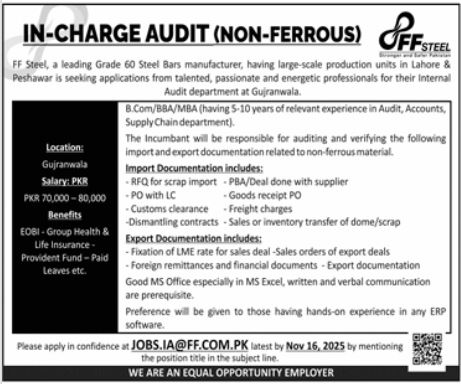 In Charge Audit Jobs at FF Steel