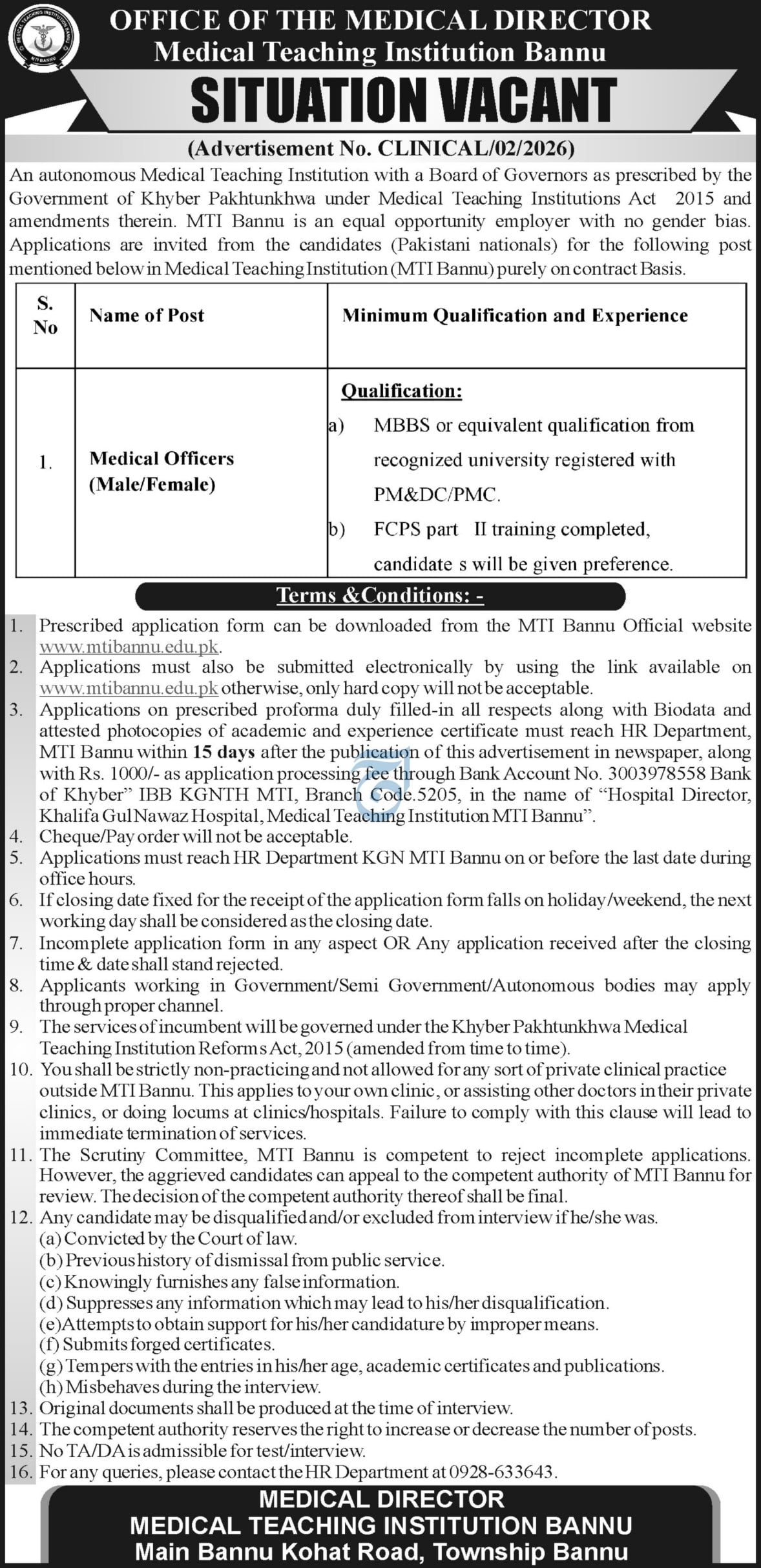 MTI Bannu, Medical Officer Jobs, MBBS Jobs, KPK Jobs, Government Jobs 2026, Education Sector Jobs, Healthcare Jobs Pakistan, Bannu Jobs, MTI Careers, Pakistan Government Jobs
