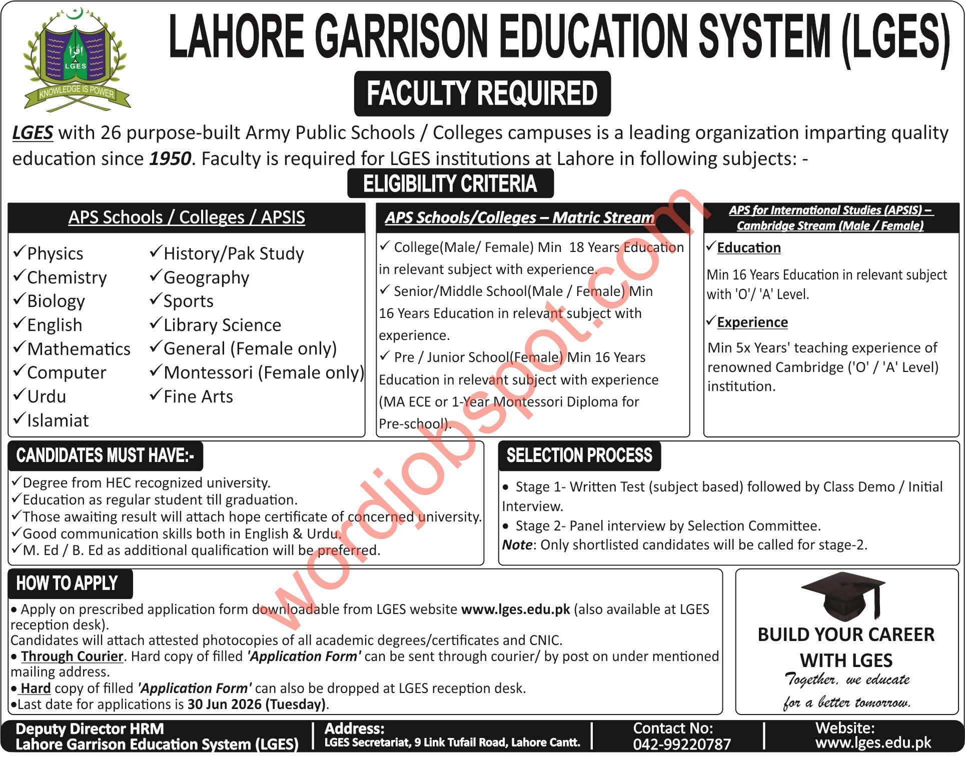 Lahore Garrison Education System Jobs 2026 Teaching and Admin Staff