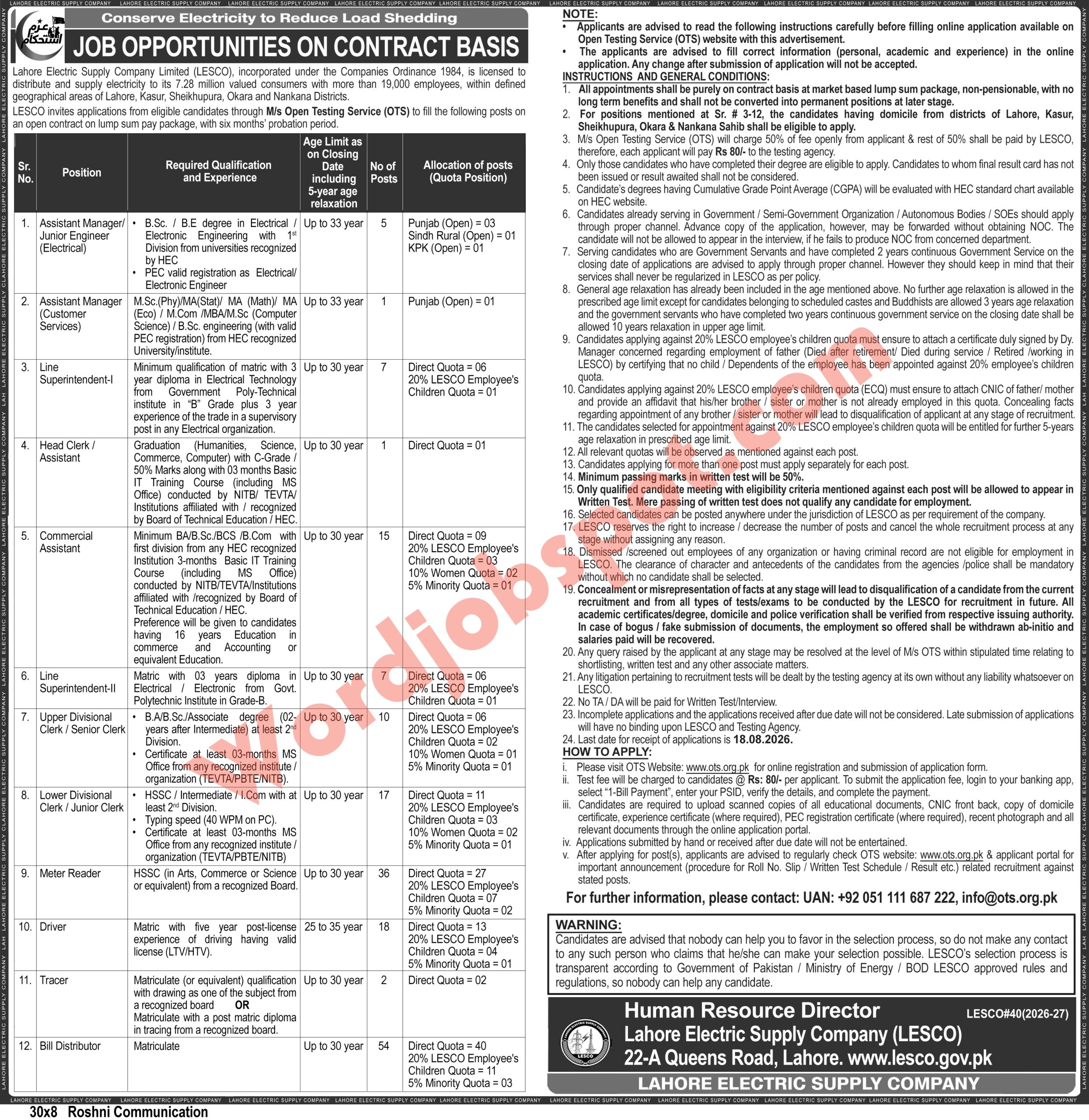 LESCO Jobs 2026 Online Apply via OTS